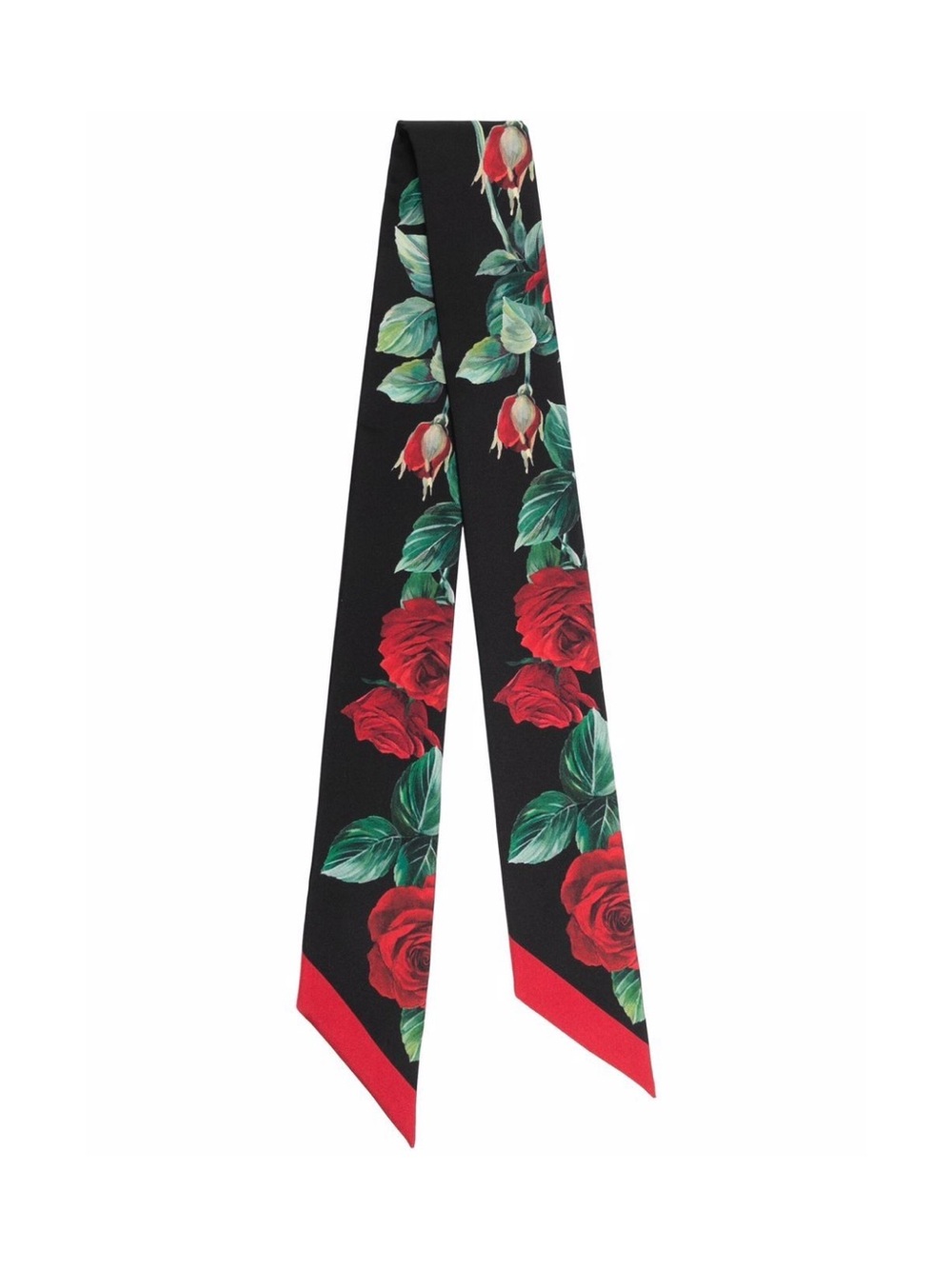 Dolce & Gabbana Black Skinny Rose Print Silk Scarf with Red Trim